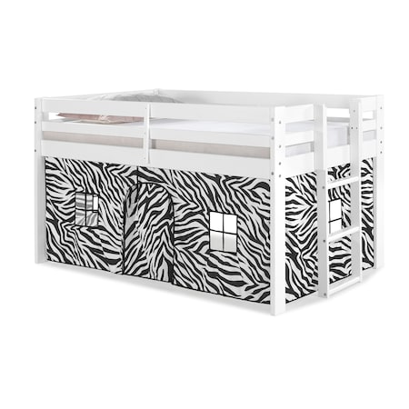 Jasper Twin Junior Loft Bed, White Frame And Black/White Zebra Print Bottom Playhouse Tent